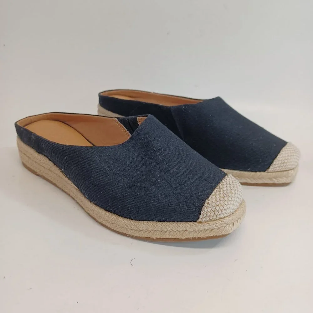 Crown Vintage Espadrille Slides Black Canvas Slip On Womens 6‎ M